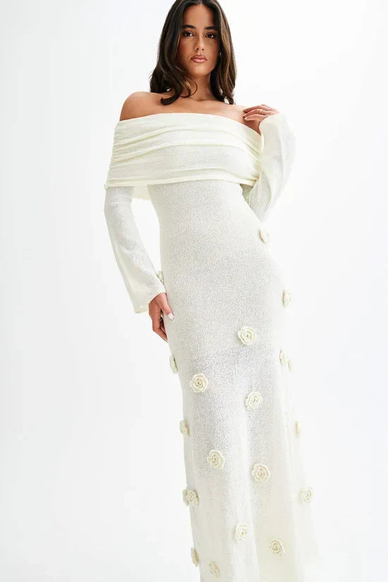 Off Shoulder Long Sleeve Knit Rosette Applique Maxi Dress 7