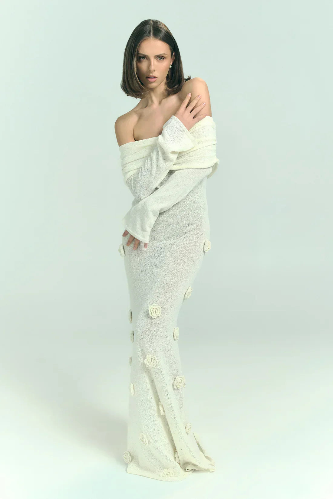 Off Shoulder Long Sleeve Knit Rosette Applique Maxi Dress