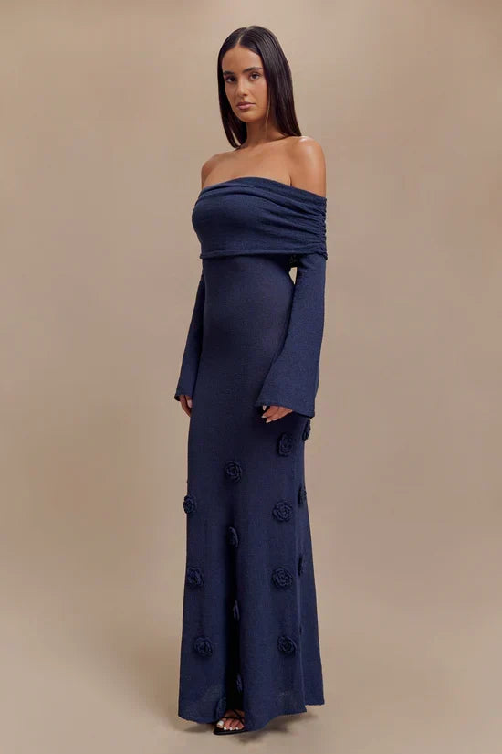 Off Shoulder Long Sleeve Knit Rosette Applique Maxi Dress 13