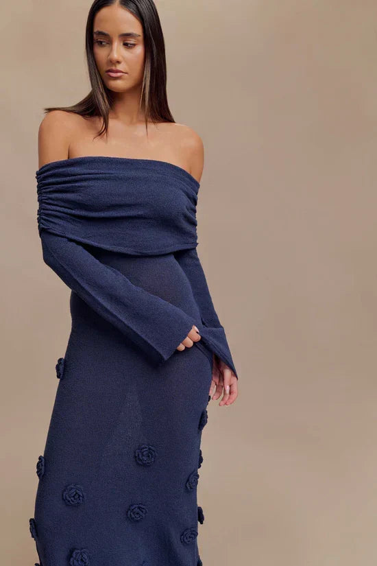 Off Shoulder Long Sleeve Knit Rosette Applique Maxi Dress 14