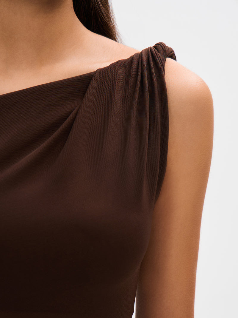 Asymmetric One Shoulder Ruched Waist Mesh Maxi Dress 4