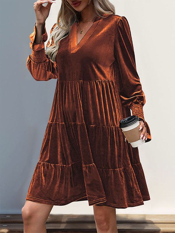 Velvet V-Neck Long Sleeve Tiered Mini Dress 5