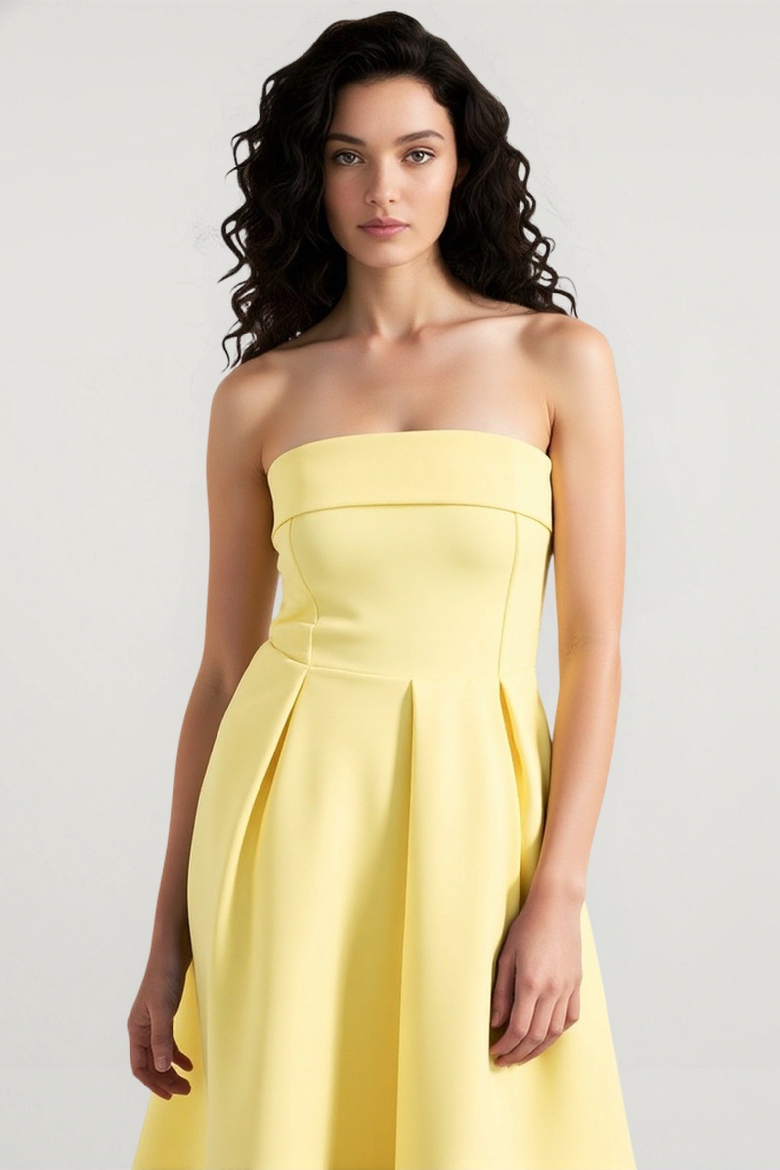 Strapless Fold Over Neck Pleated Fit and Flare Midi Cocktail Dress