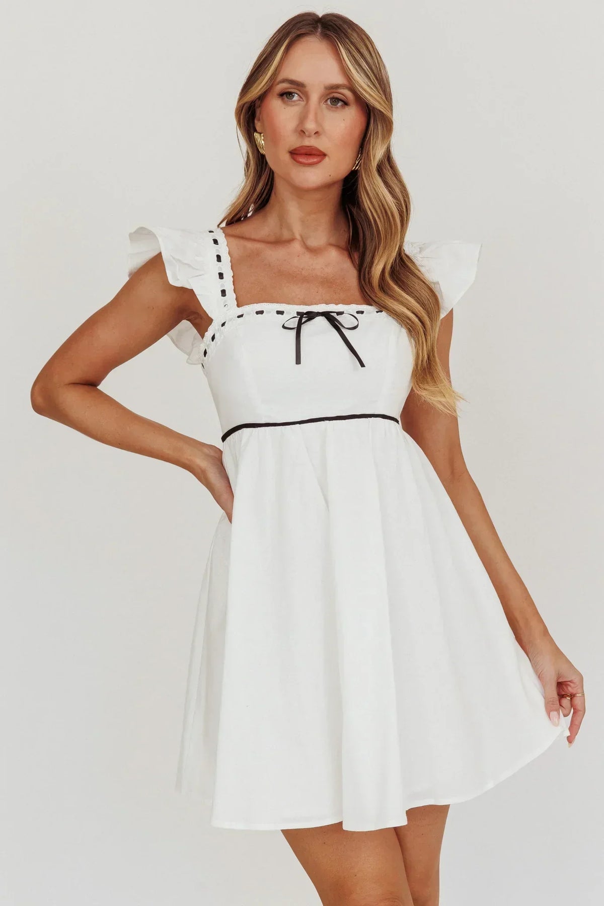 Contrast Trim Square Neck Flutter Sleeve Bow Babydoll Mini Dress 5
