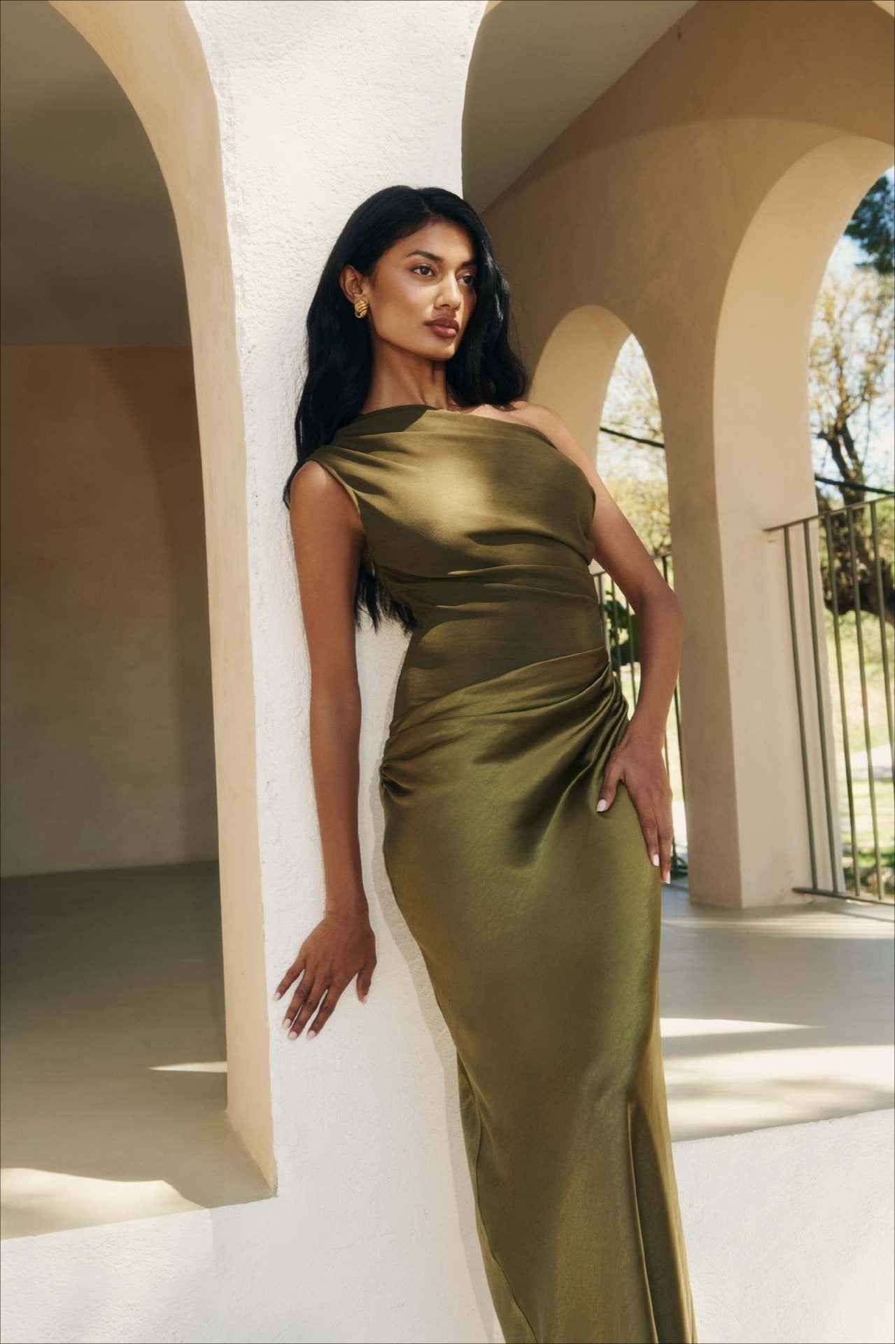Satin One Shoulder Ruched Bodycon Maxi Dress