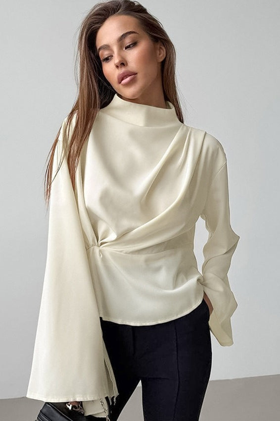 Chiffon Side Slit Tie Waist Long Sleeve Top