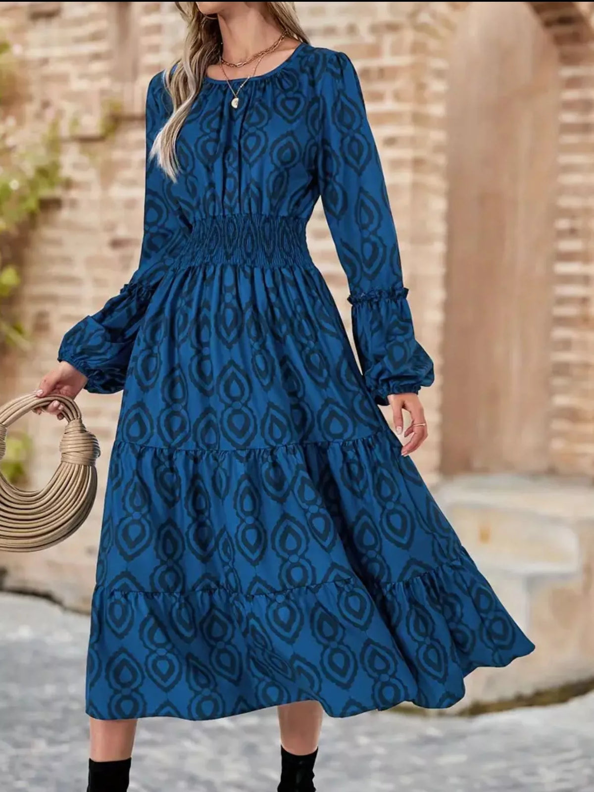 Geometric Print Smocked Waist Balloon Sleeve Tiered Midi Dress 2