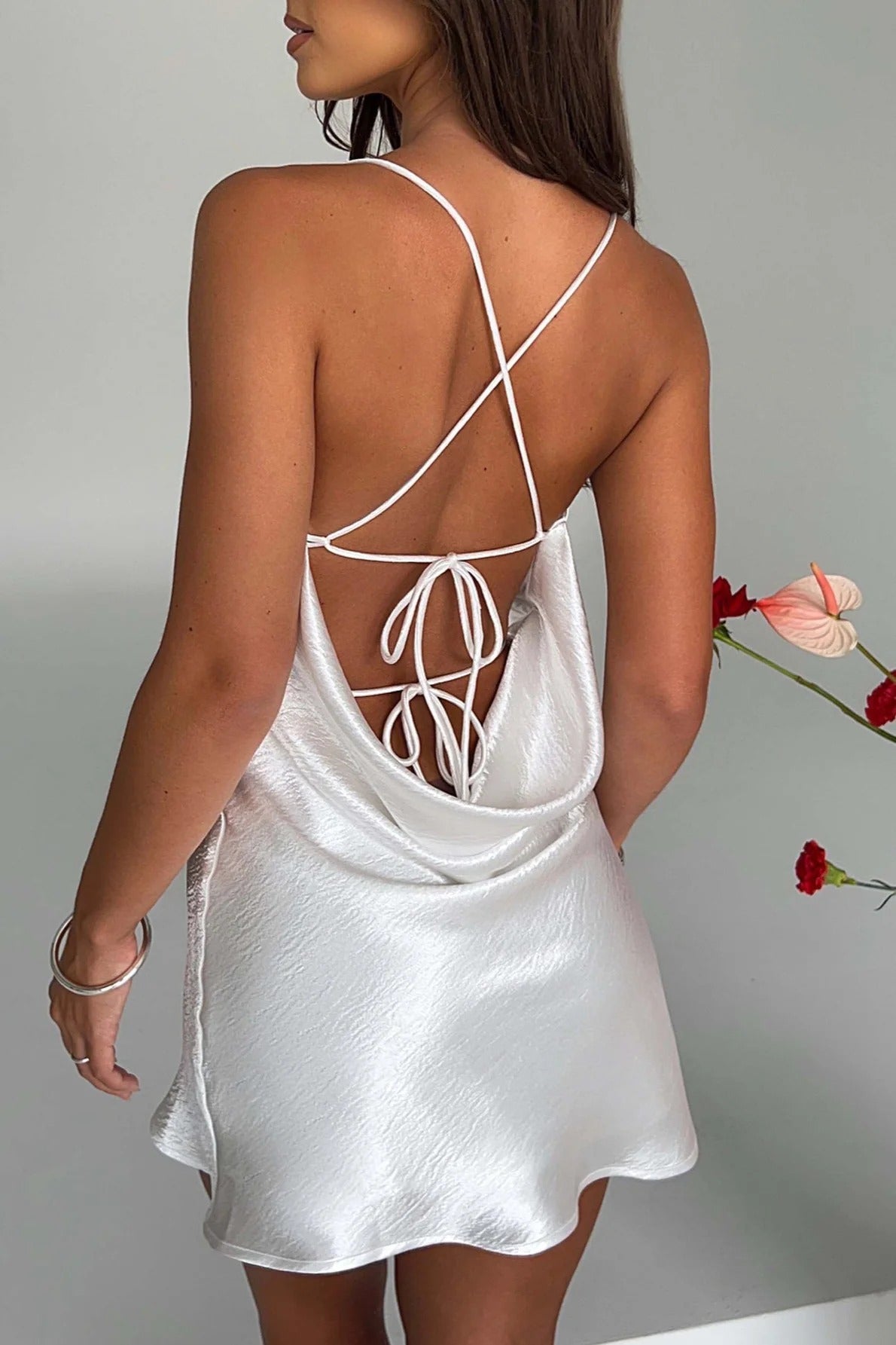 Satin Spaghetti Strap Cowl Neck Backless Bodycon Mini Dress