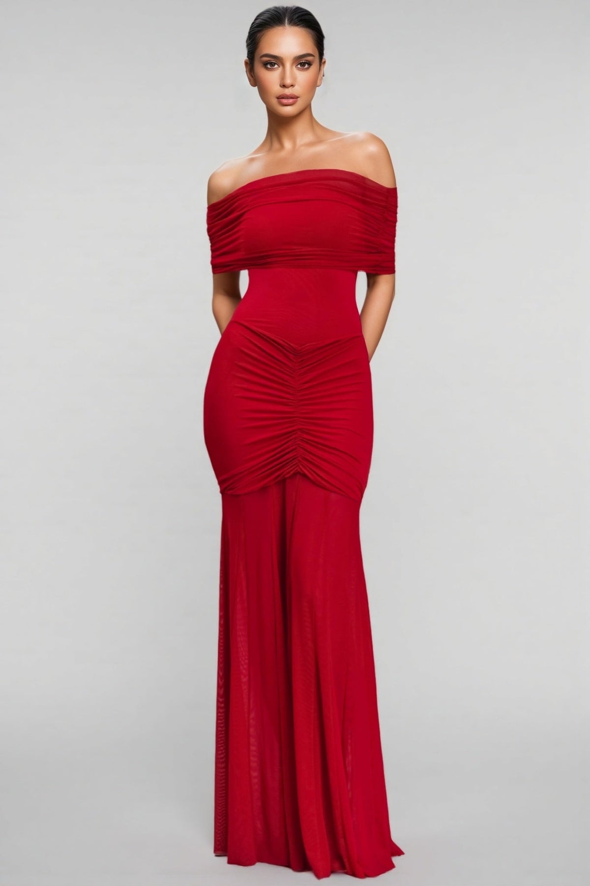 Off Shoulder Fold Over Ruched Drop Waist Mermaid Maxi Dress 2