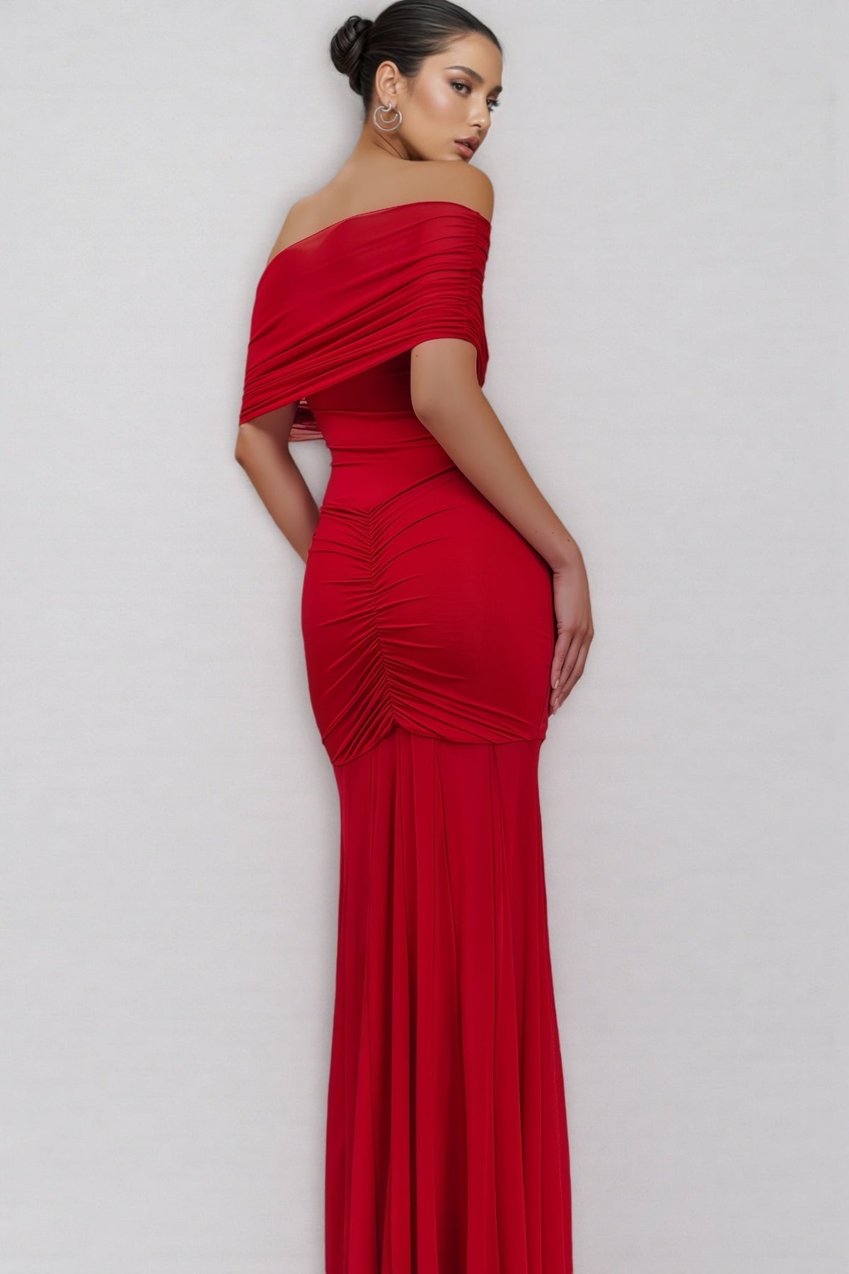 Off Shoulder Fold Over Ruched Drop Waist Mermaid Maxi Dress 4