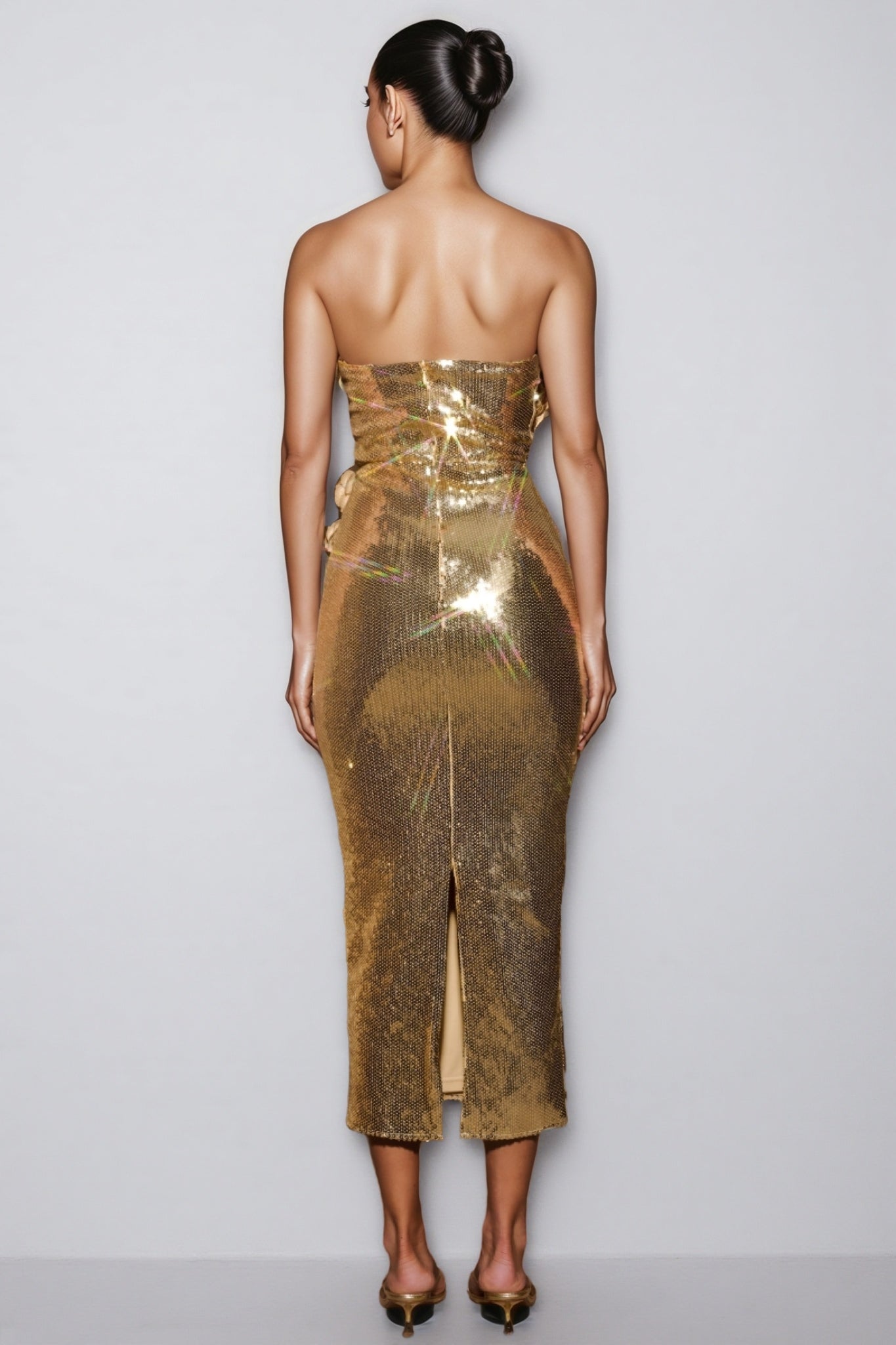 Sequin Strapless Rosette Bodycon Midi Dress