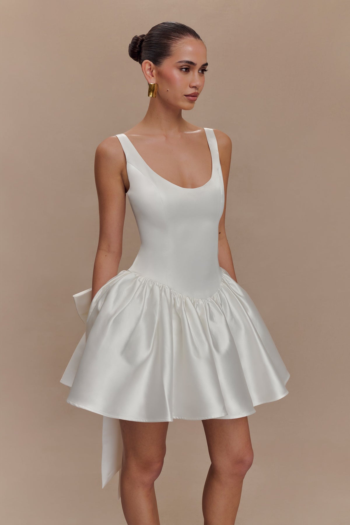 Satin Scoop Neck Drop Waist Bubble Hem Back Bow Mini Dress 4