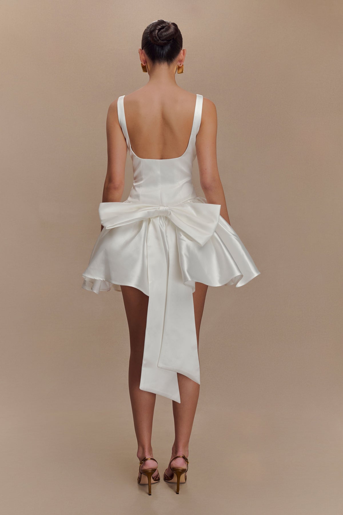 Satin Scoop Neck Drop Waist Bubble Hem Back Bow Mini Dress 2