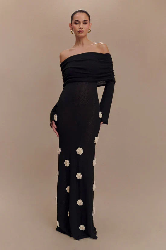 Off Shoulder Long Sleeve Knit Rosette Applique Maxi Dress 18