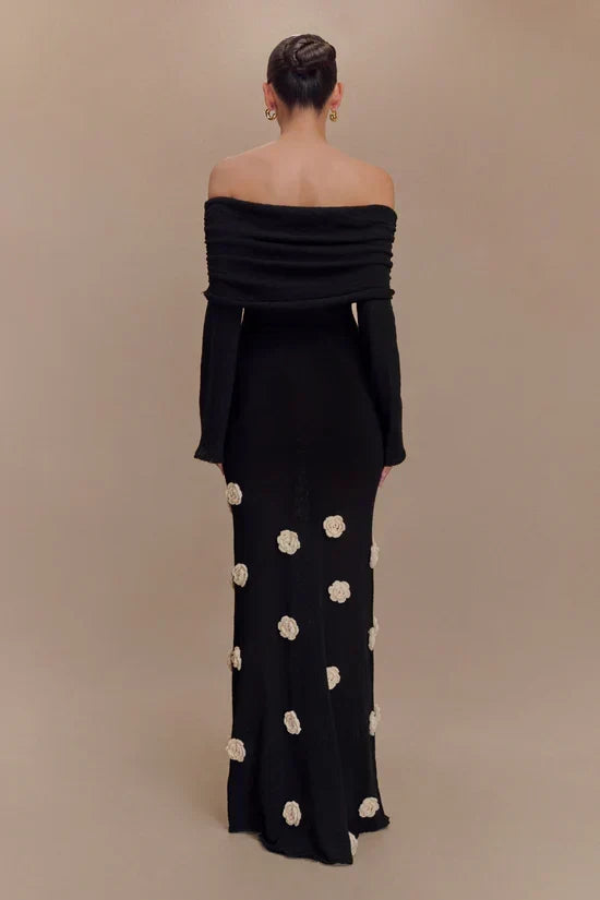 Off Shoulder Long Sleeve Knit Rosette Applique Maxi Dress 19