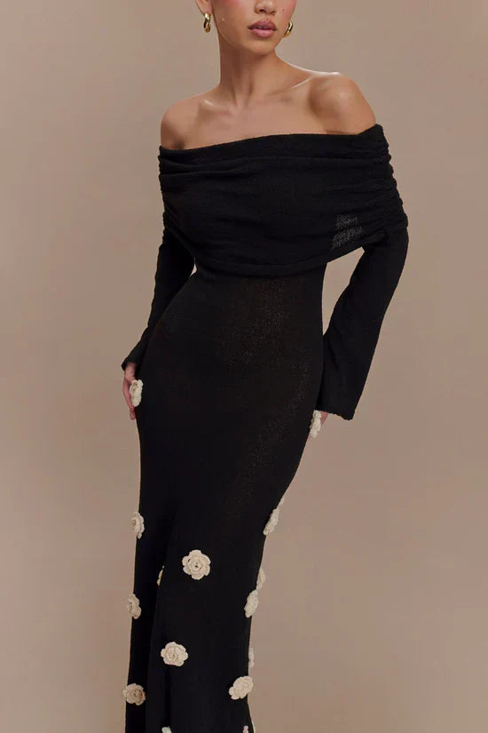 Off Shoulder Long Sleeve Knit Rosette Applique Maxi Dress 20
