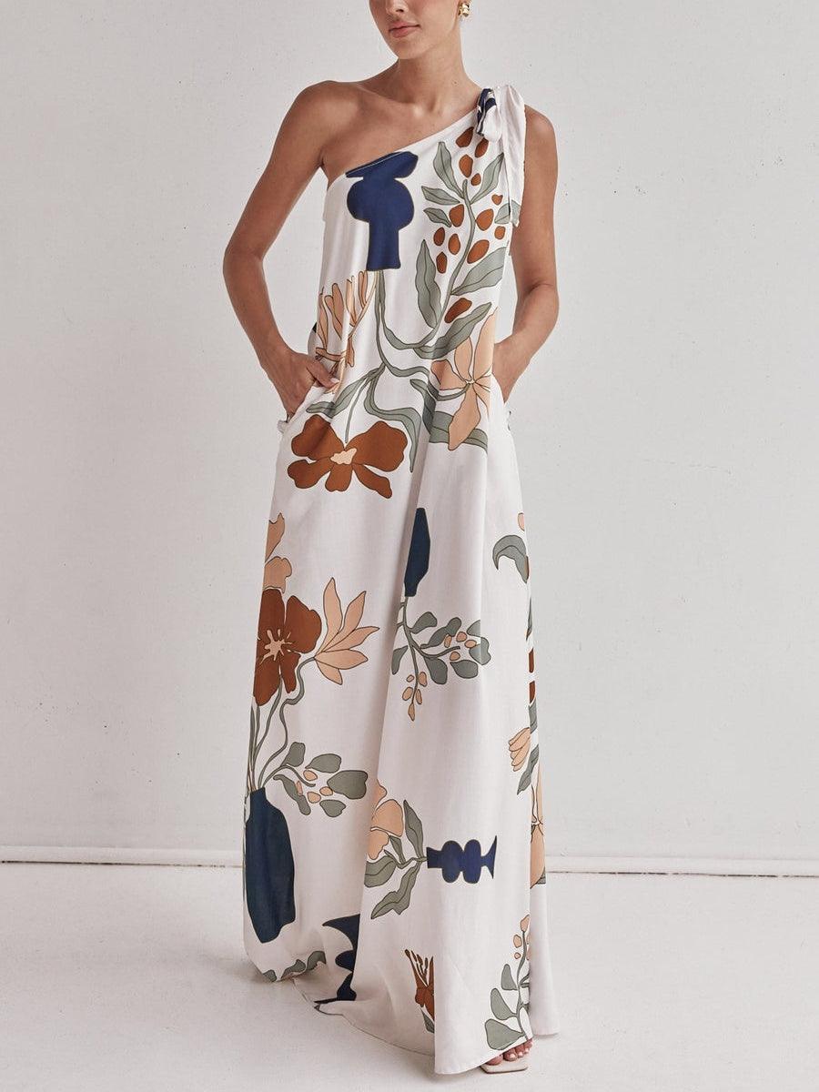 Printed One-Shoulder Maxi Dress White
