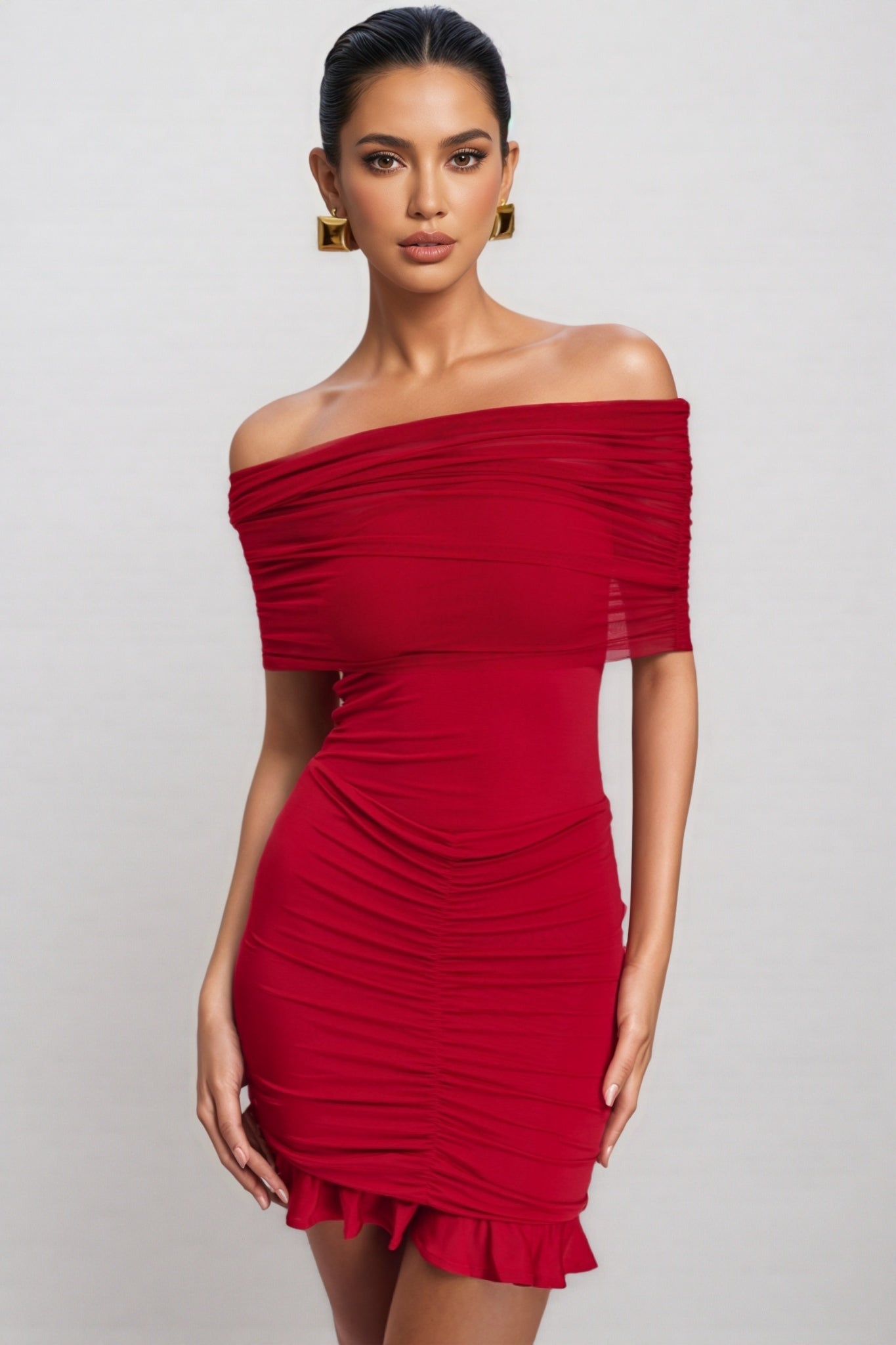 Elisd Red Slinky Mesh Off Shoulder Mini Dress - View 2