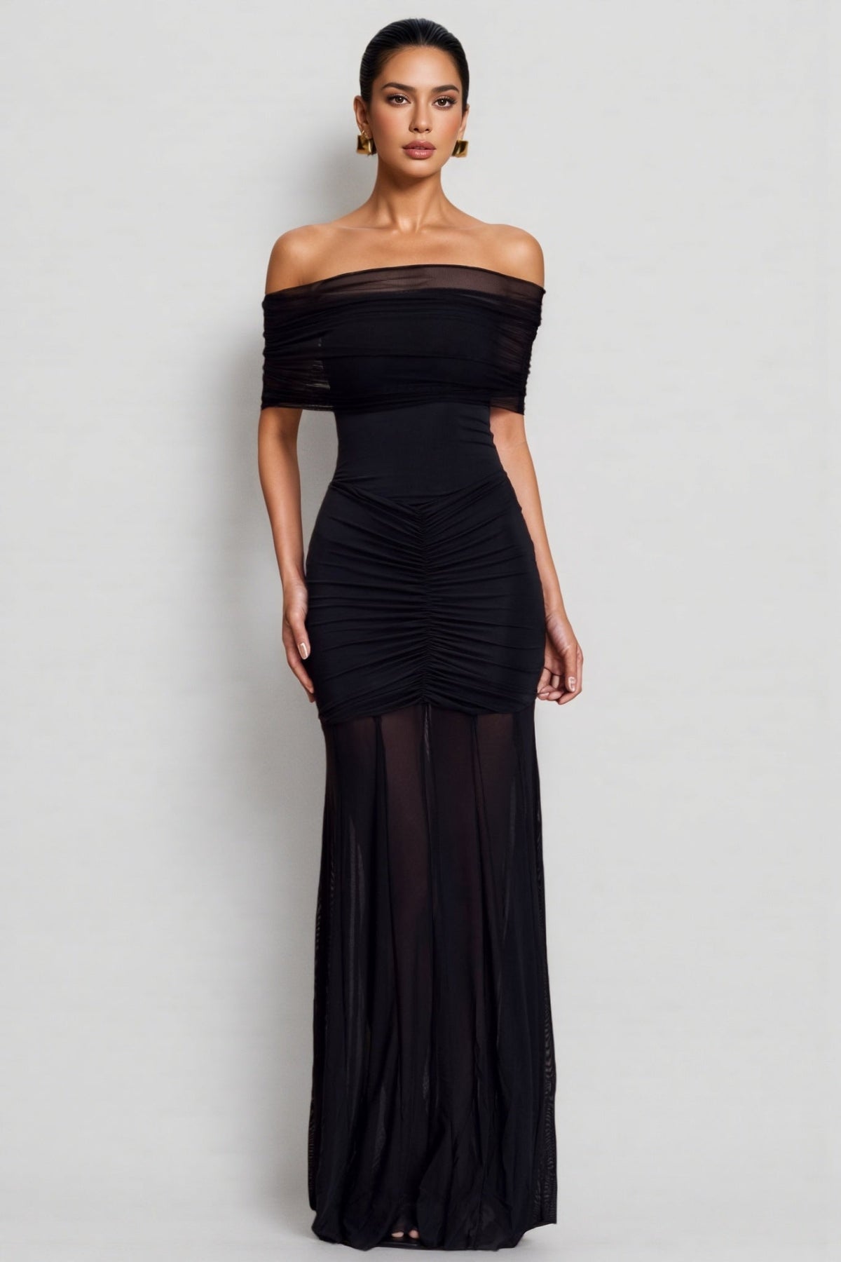 Off Shoulder Ruched Mesh Overlay Sheer Hem Maxi Dress