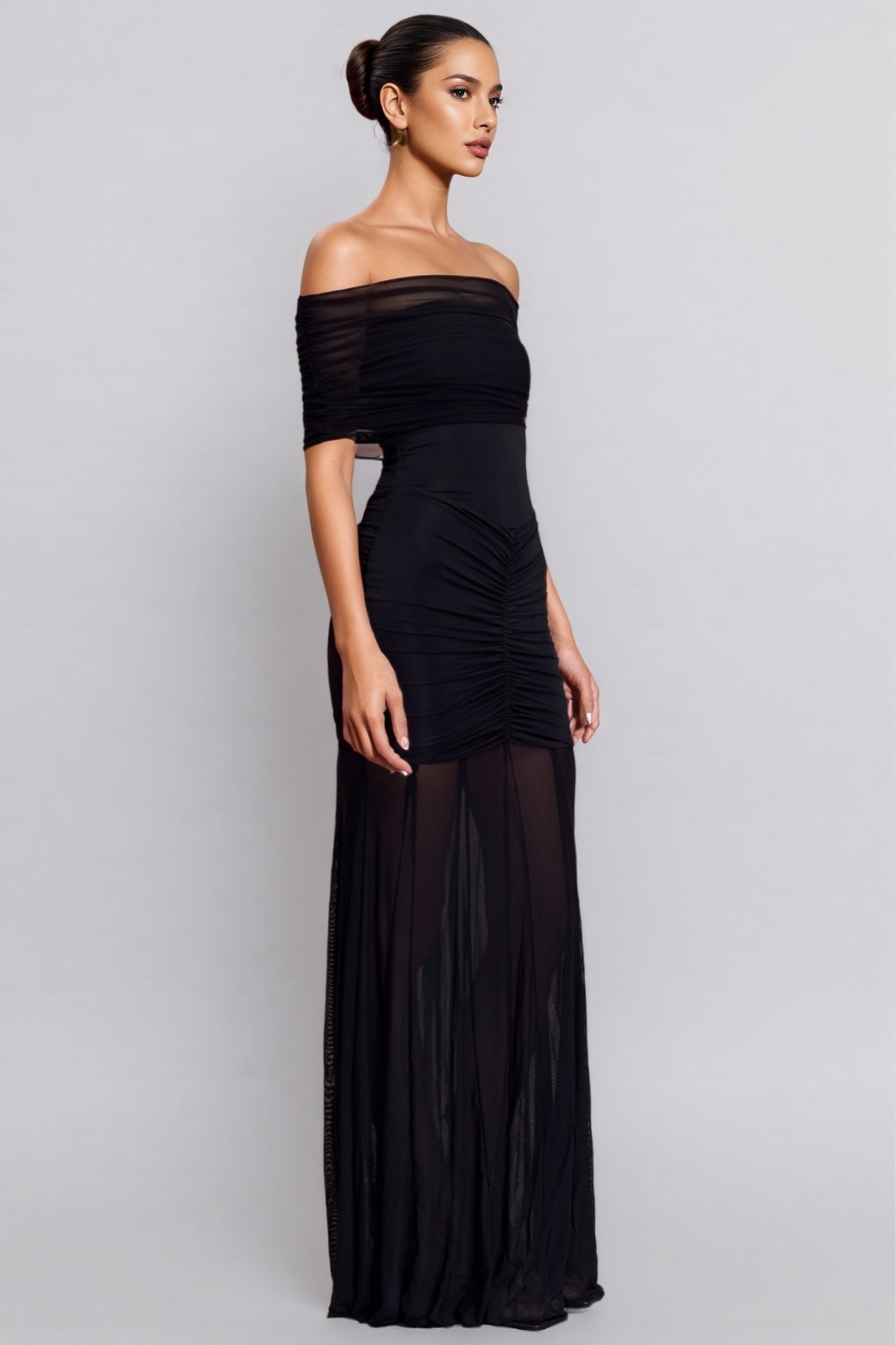 Nivenae Slinky And Mesh Off Shoulder Maxi Dress - View 2