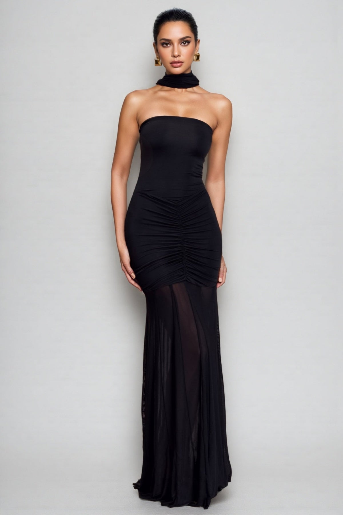 Off Shoulder Ruched Mesh Overlay Sheer Hem Maxi Dress 5