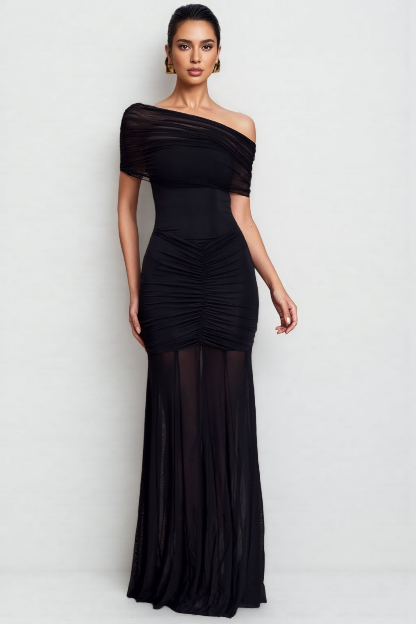 Nivenae Slinky And Mesh Off Shoulder Maxi Dress - View 3