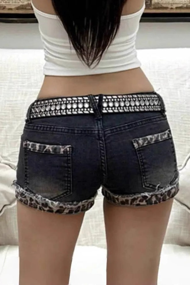 Leopard Cuffed Low Rise Denim Shorts