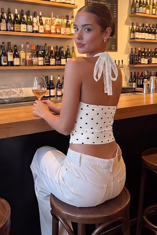 Polka Dot Lace Trim Deep V-Neck Halter Neck Crop Top 3