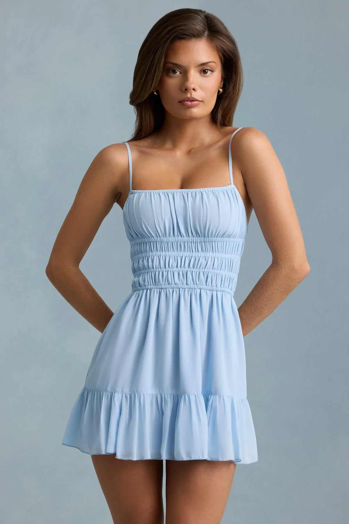 Shirred Waist Cami Strap Ruched Bust Ruffle Hem Mini Dress