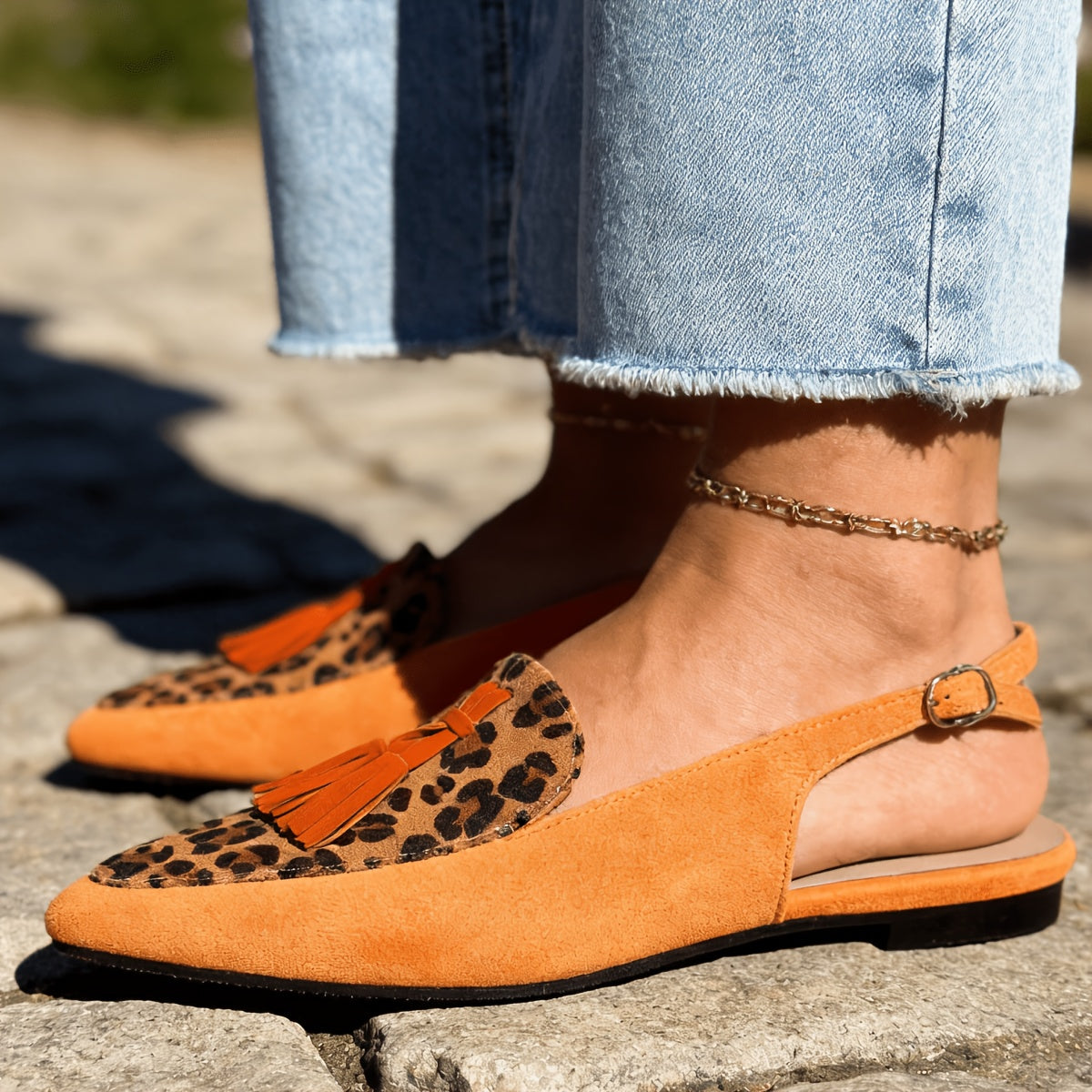 Leopard Print Pointed Toe Tassel Slingback Flats