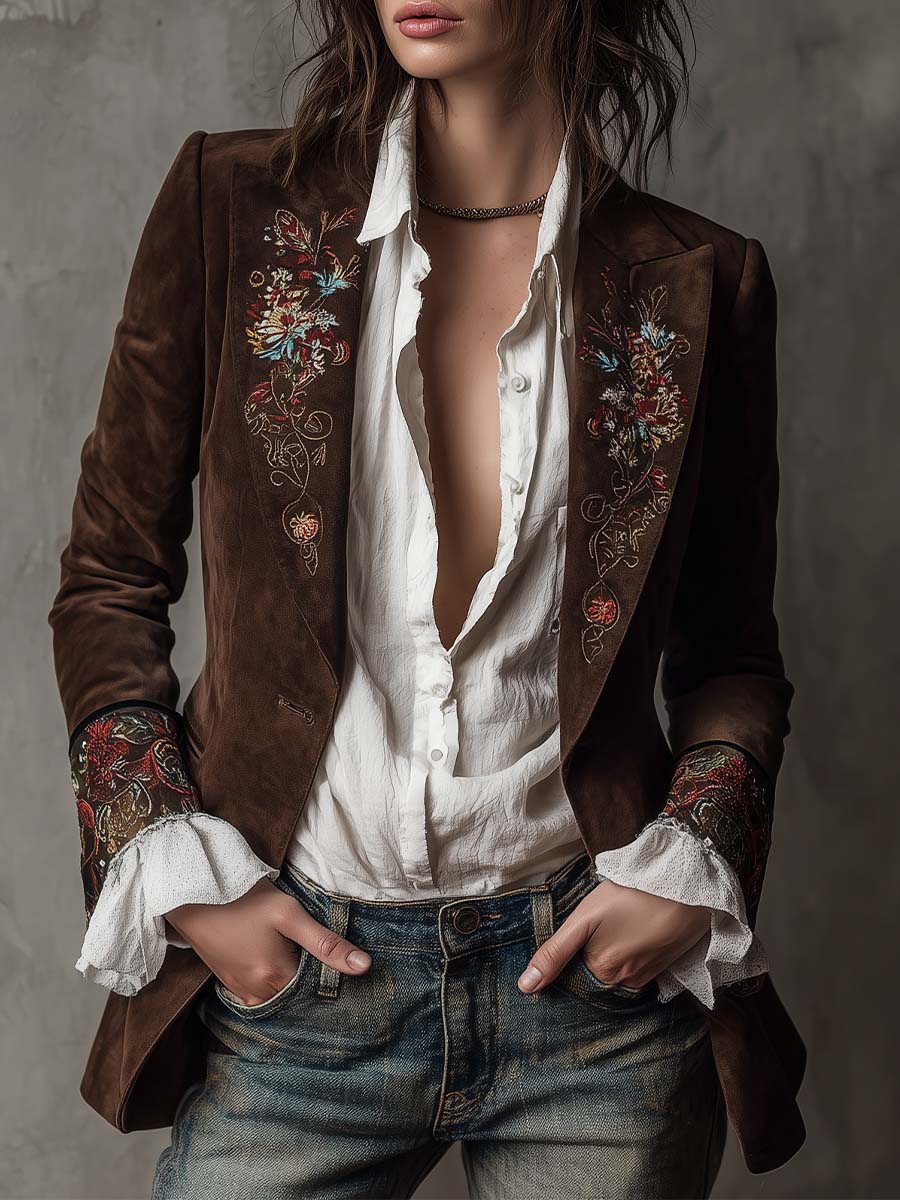 Suede Look Floral Embroidered Notch Lapel Blazer