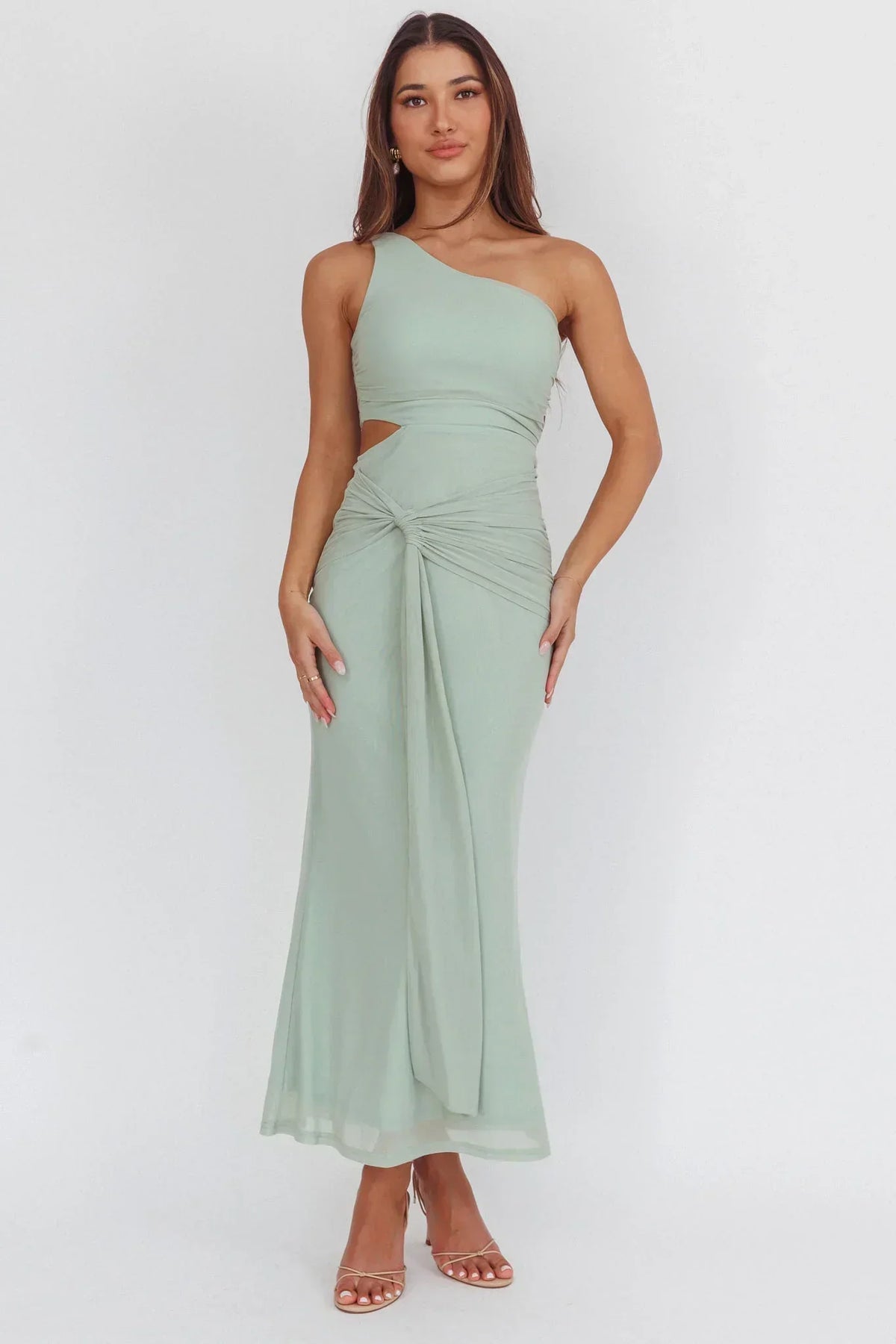 One Shoulder Side Cut Out Twist Front Mesh Midi Dress 4