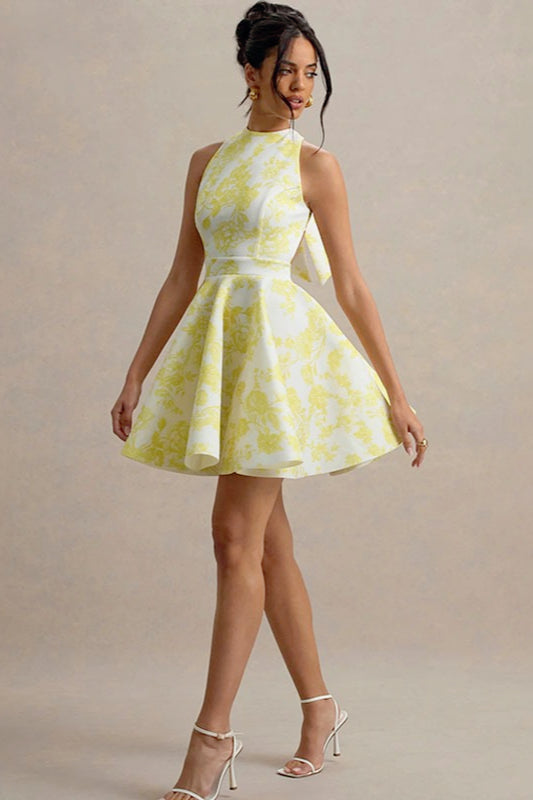 High-Waist Backless Floral Mini Dress