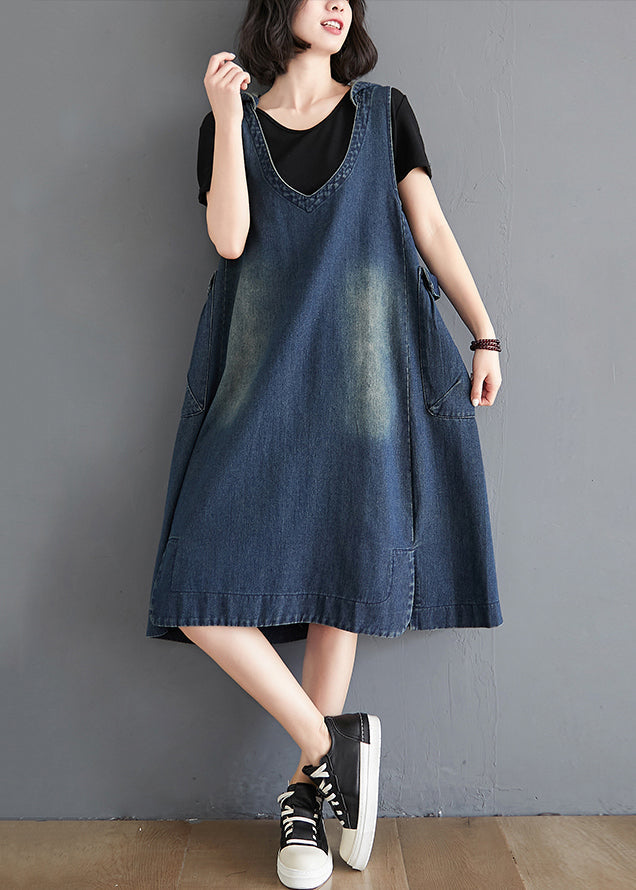 Denim Deep V-Neck Sleeveless Patch Pocket Distressed Wash Midi Pinafore Dress