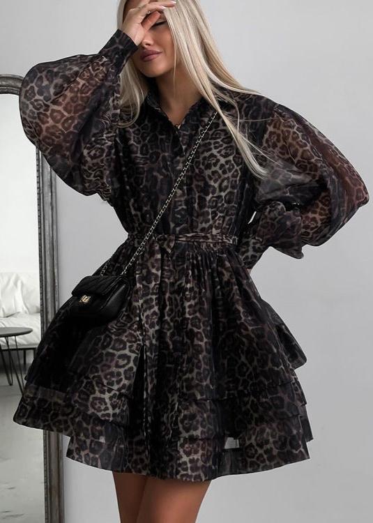 Animal Print Sheer Button Front Puff Sleeve Tiered Ruffle Mini Dress