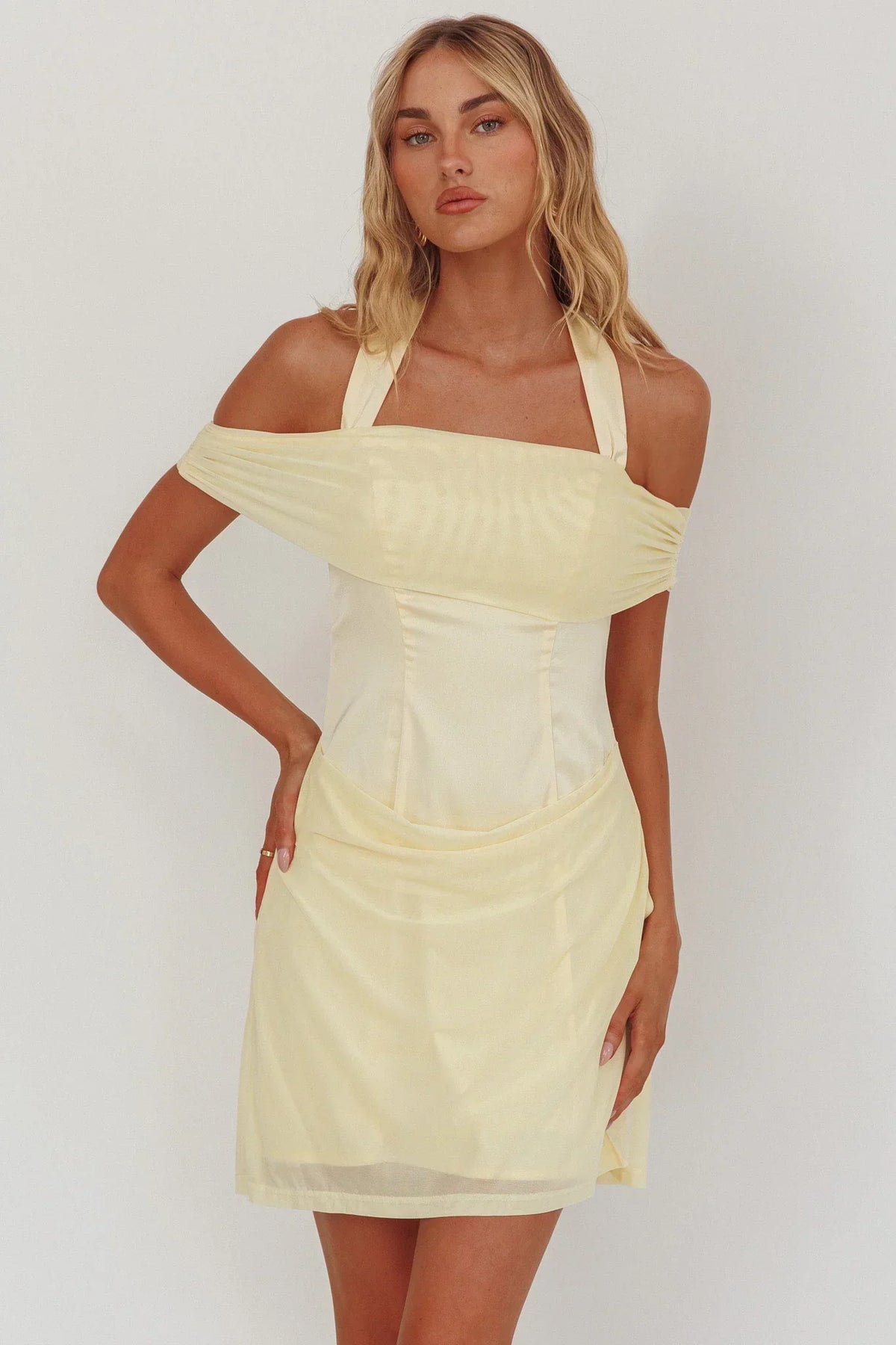 Matias Off-Shoulder Sleeve Halter Mini Dress Butter
