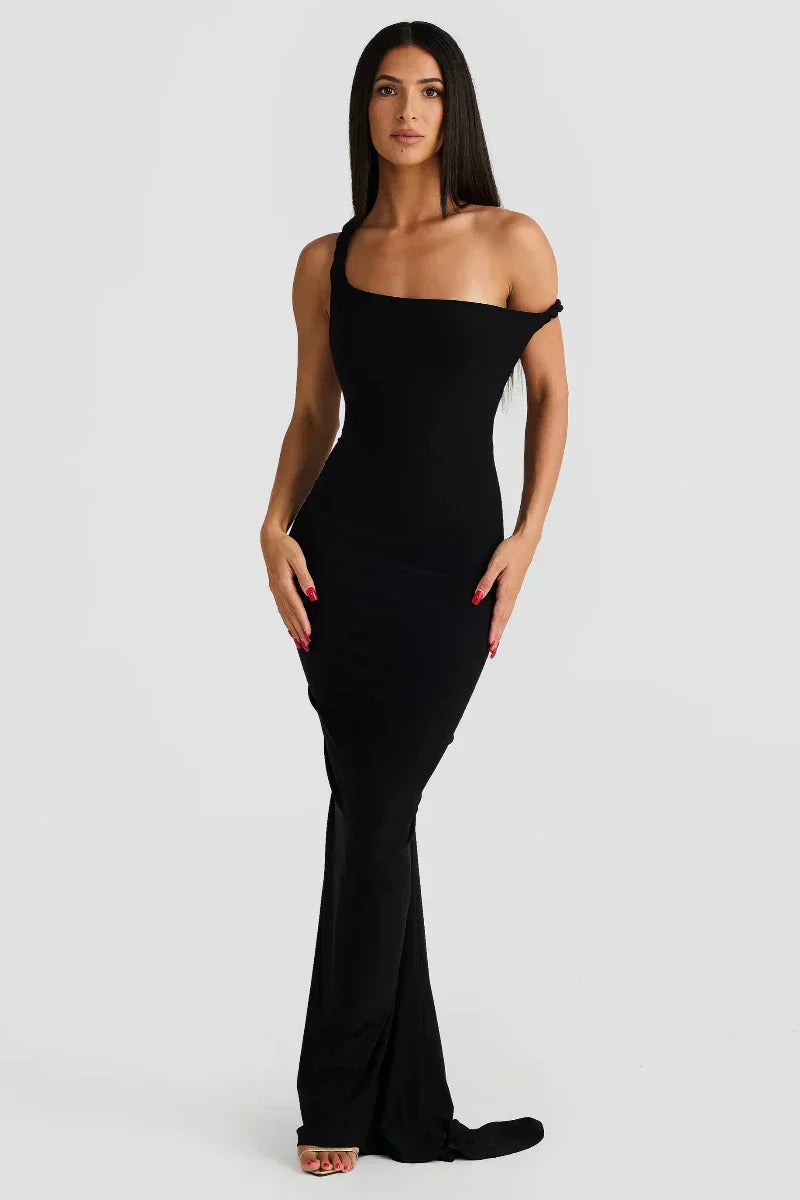 Off Shoulder Fold Over Sleeve Knit Bodycon Floor Length Gown