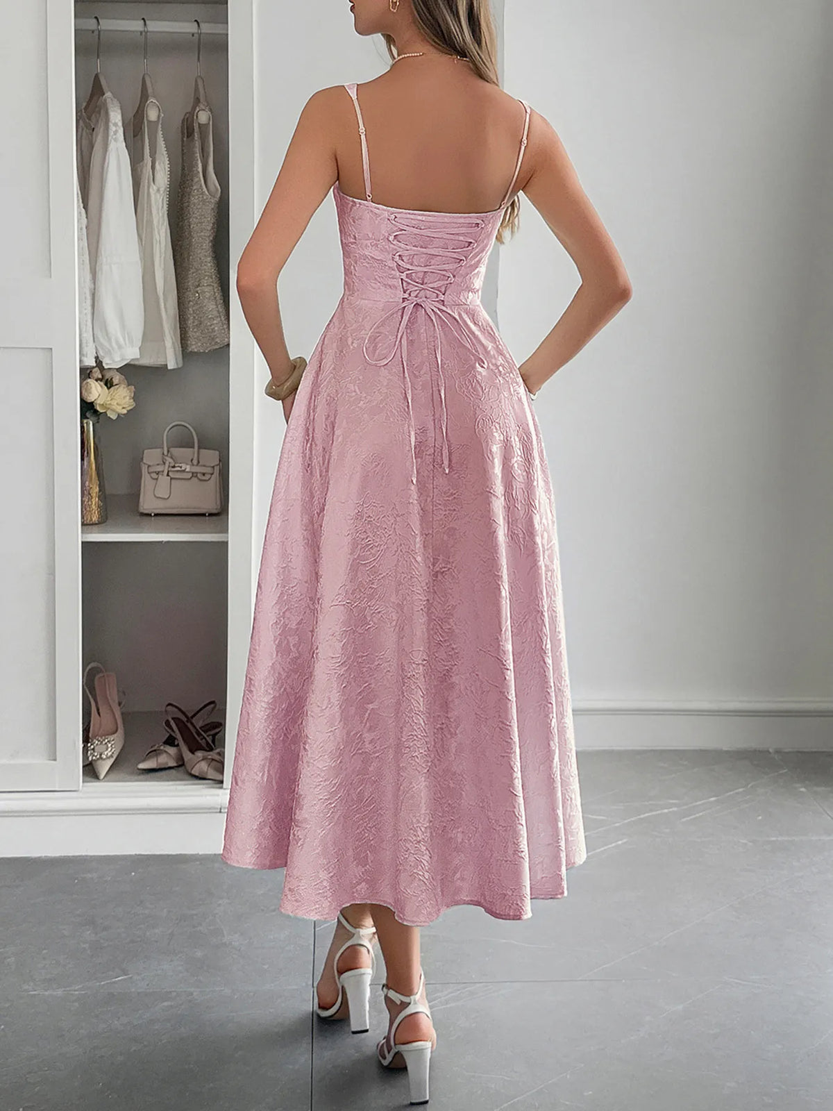 Floral Jacquard Sweetheart Corset Bodice A-Line Midi Dress 8