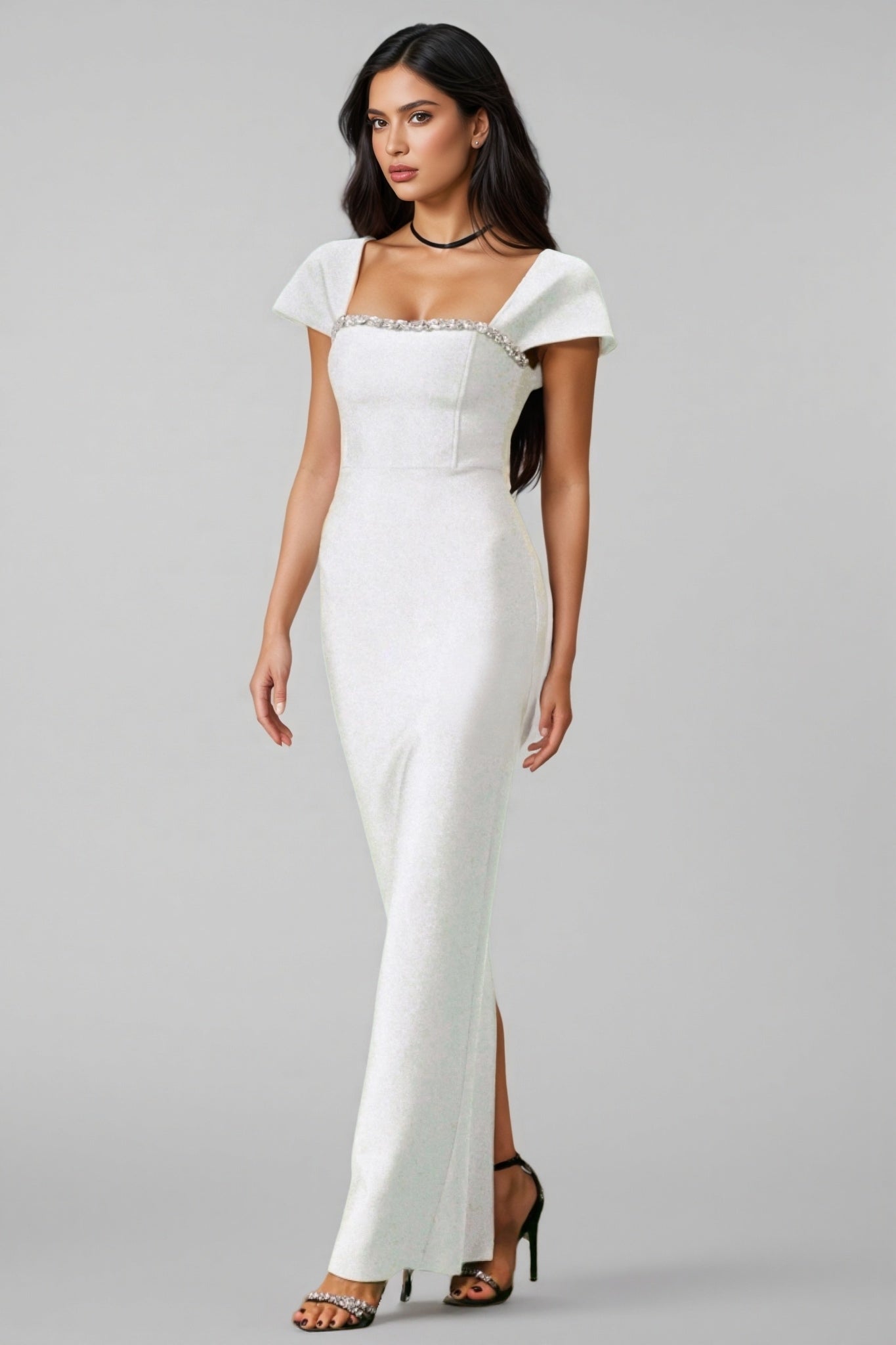 Rhinestone Trim Square Neck Cap Sleeve Shimmer Bandage Column Maxi Gown