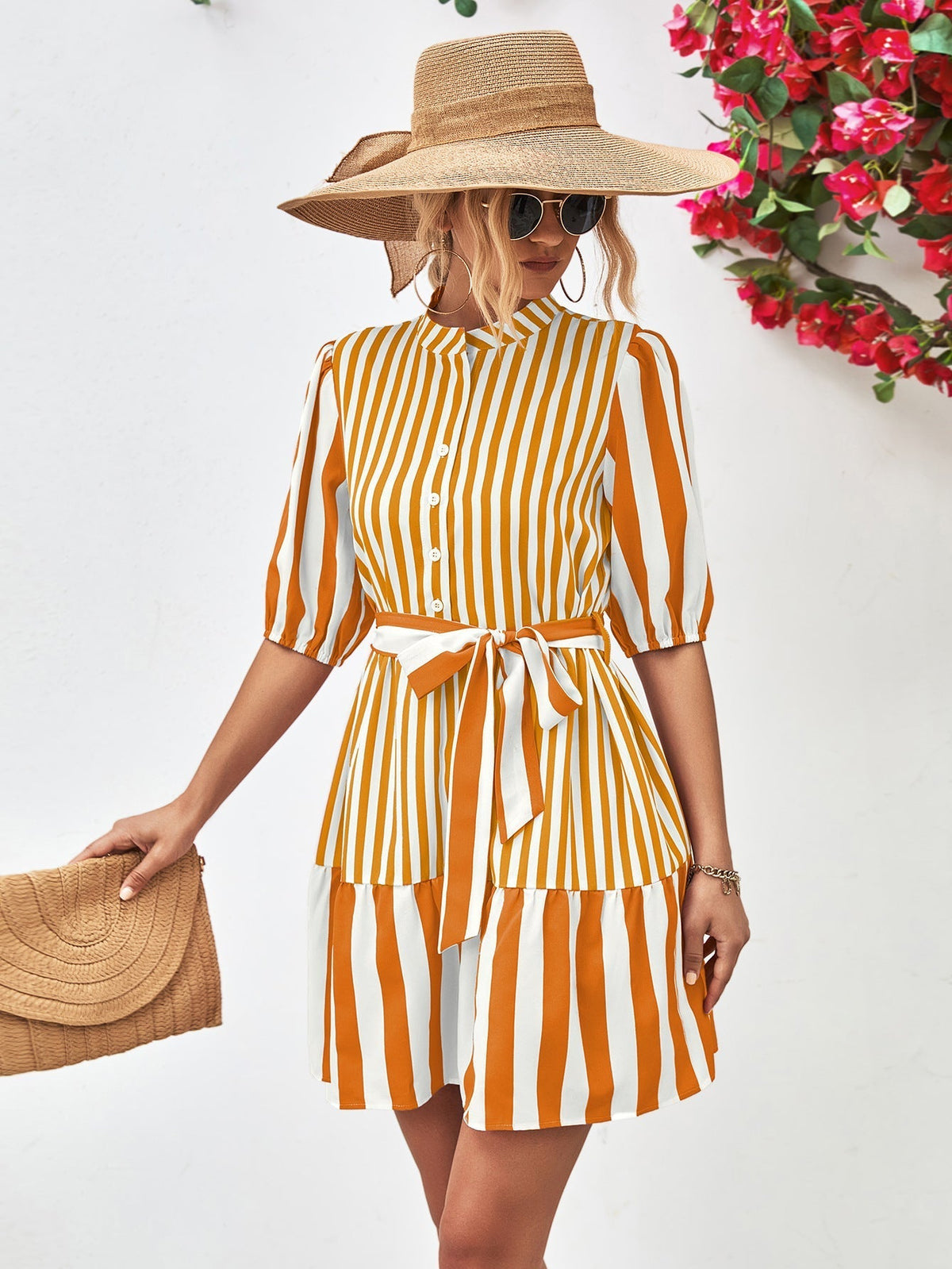 Striped Puff Sleeve Button Front Belted Ruffle Hem Mini Dress 6