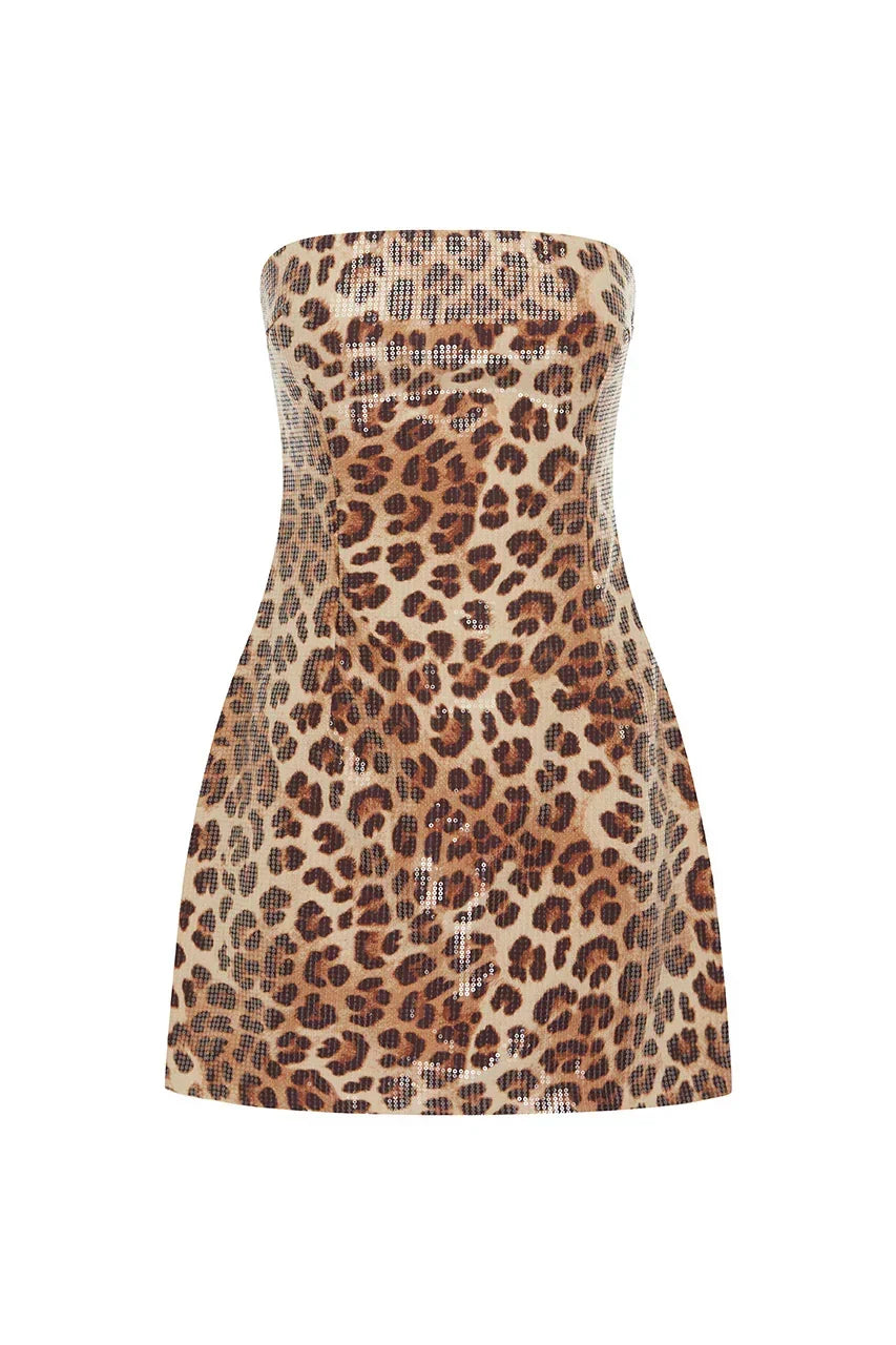 Leopard Print Sequin Strapless Bodycon Mini Dress 6