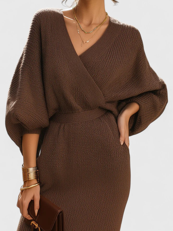 V-Neck Batwing Sleeve Wrap Knit Sweater Mini Dress