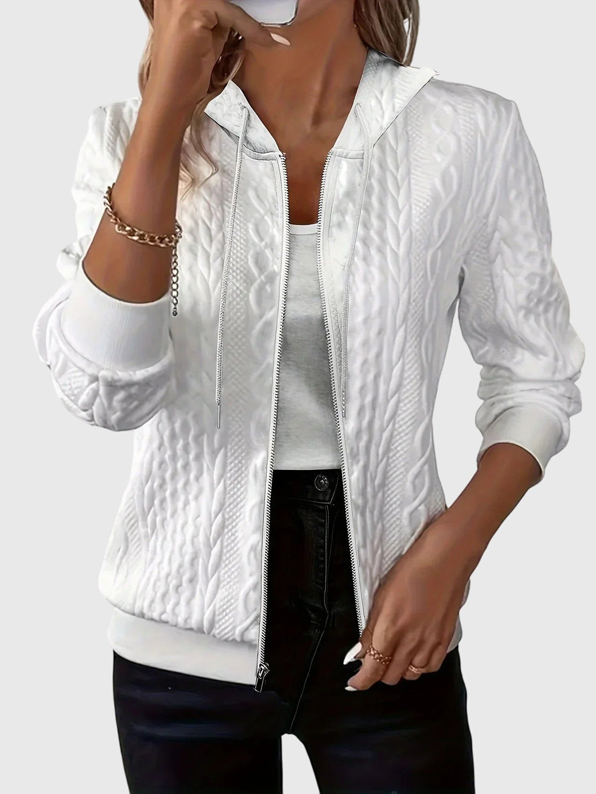 Cable Textured Zip Front Drawstring Hooded Jacket