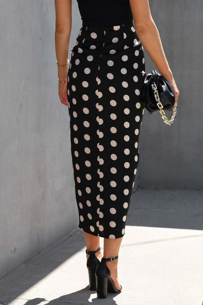 Polka Dot Ruched Drawstring Front Slit Midi Skirt 4