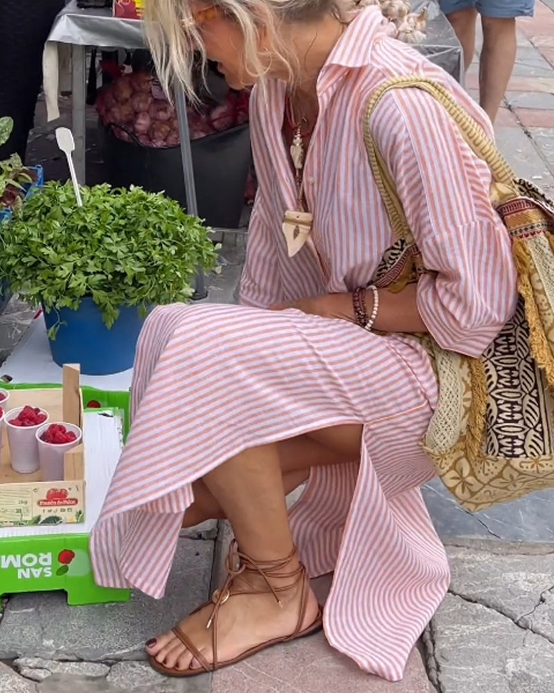 Striped Button Down Collared Three Quarter Sleeve High Split Maxi Shirt Dress
