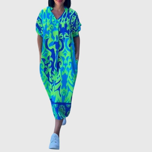 Damask Print V-Neck Short Sleeve Loose Midi Dress