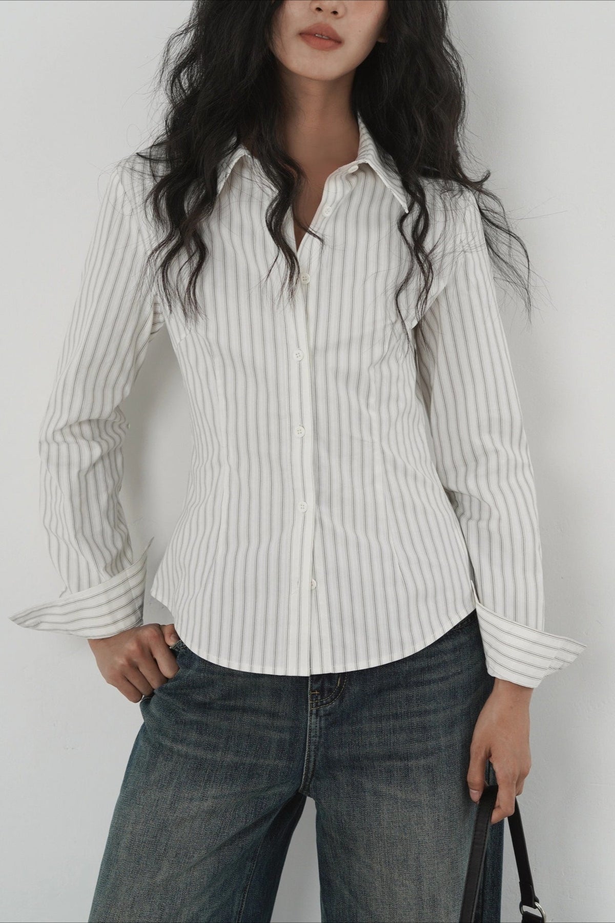 Striped Collared Long Sleeve Fitted Waist Button Front Shirt 2