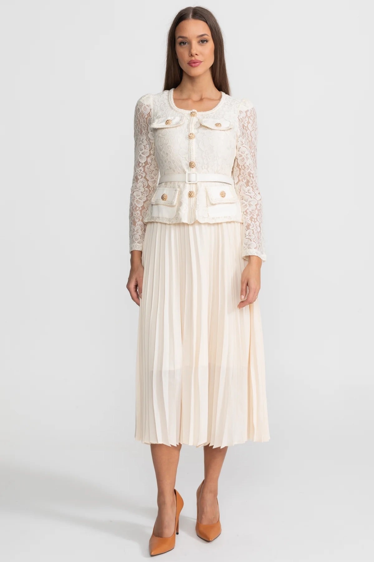 Lace Long Sleeve Button Front Belted Peplum Pleated Midi Dress