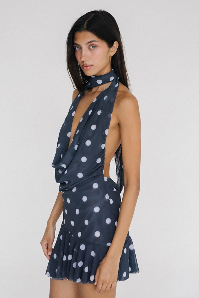 Polka Dot Mesh Deep V Mini Dress