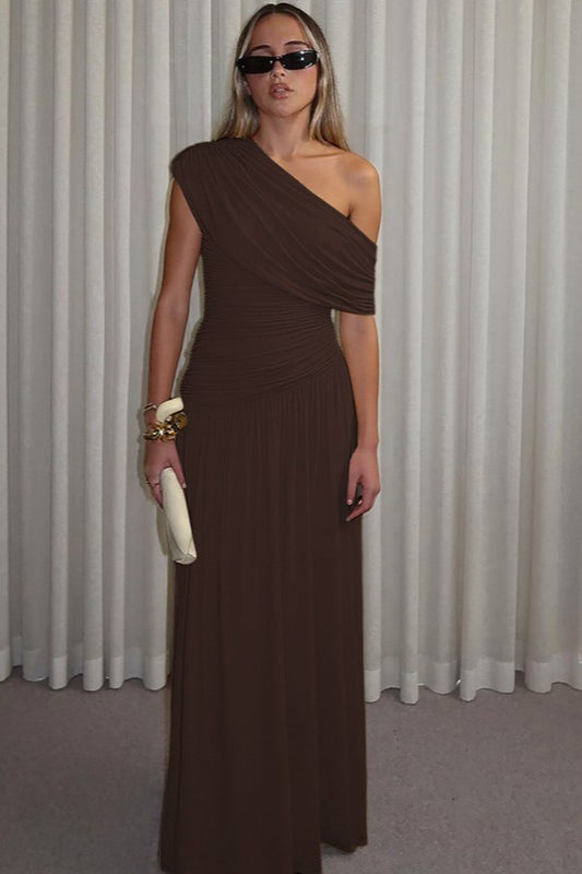 One Shoulder Ruched Draped Flowy Maxi Dress